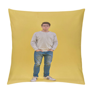 Personality  Young Handsome Man In Sweatshirt And Jeans Standing Still With Hands In Pockets Looking At Camera Pillow Covers