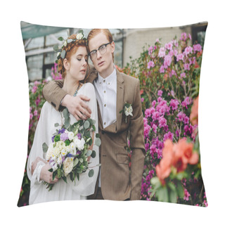 Personality  Stylish Young Groom And Bride With Wedding Bouquet Standing Together In Botanical Garden  Pillow Covers