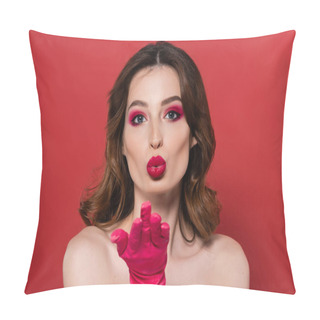 Personality  Portrait Of Young Woman With Magenta Color Eye Makeup Sending Air Kiss Isolated On Pink  Pillow Covers