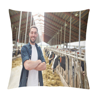 Personality  Man Or Farmer With Cows In Cowshed On Dairy Farm Pillow Covers