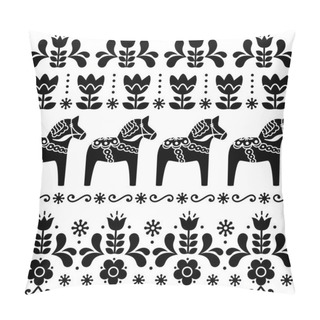 Personality    Swedish Dala Horse Pattern, Scandinavian Seamless Folk Art Design With Flowers Pillow Covers