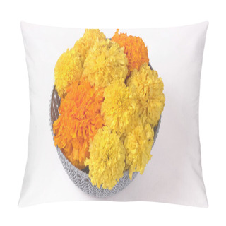 Personality Pot Of Yellow Flowers Of Marigold Isolated On White Background Pillow Covers