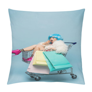 Personality  Amazed Asian Woman In Pop Art Style Looking At Camera While Holding Shopping Bags In Cart On Blue Background  Pillow Covers