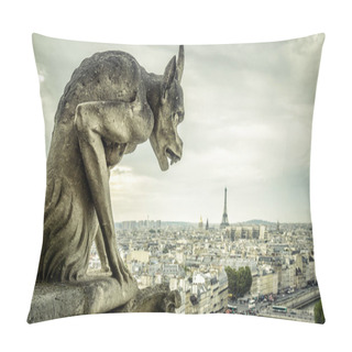 Personality  Gargoyle Or Chimera On The Cathedral Of Notre Dame De Paris Looks At The Eiffel Tower, Paris, France. Gargoyles Are The Gothic Landmarks In Paris. Vintage Skyline Of Paris With An Old Demon Statue. Pillow Covers