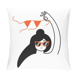 Personality  Vector Illustration With Woman In Red Suglasses Holding Bikini Bra. Pillow Covers