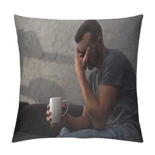Personality  Lonely Crying Man Holding Cup Of Coffee Sitting At Home Pillow Covers