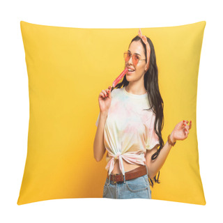 Personality  Smiling Stylish Summer Brunette Girl With Ice Cream On Yellow Background Pillow Covers