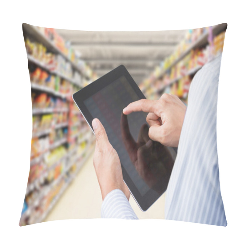 Personality  Businessman Checking Inventory In Minimart On Touchscreen Tablet Pillow Covers