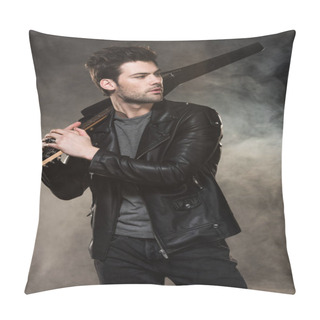 Personality  Handsome Rocker Holding Electric Guitar And Looking Away On Smoky Background Pillow Covers