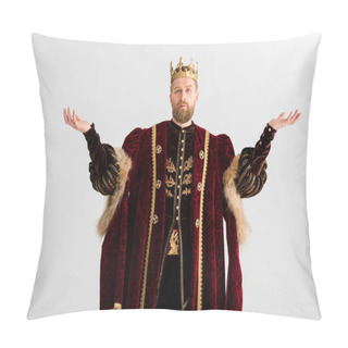Personality  King With Crown Showing Outstretched Hands Isolated On Grey Pillow Covers