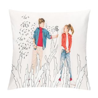 Personality  Top View Of Happy Kid Gesturing Near Friend And Dandelion Seeds On White  Pillow Covers