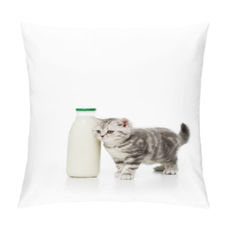 Personality  Adorable Little Kitten Standing Near Bottle Of Milk Isolated On White  Pillow Covers