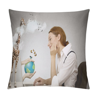 Personality  Dreaming Woman Sitting In Front Of Computer, Hands With Earth Coming From Laptop Screen Pillow Covers