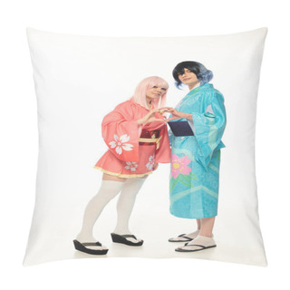 Personality  Happy Young Cosplayers In Colorful Kimonos Showing Heart Sign With Hands On White, Anime Style Pillow Covers