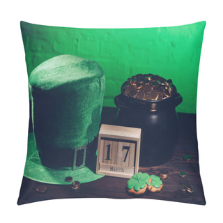 Personality  Calendar, Cookies In Shape Of Shamrock, Green Irish Hat And Pot With Golden Coins On Wooden Table   Pillow Covers