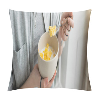 Personality  Cropped View Of Tattooed Young Woman In Grey Casual Clothes Holding Bowl With Cornflakes And Spoon While Having Breakfast In Blurred White Kitchen. Copy Space, Apartment, Morning Energy, Banner  Pillow Covers