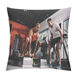 Personality  Excited Trainer Shouting While Motivating African American Sportsman Lifting Weight Pillow Covers