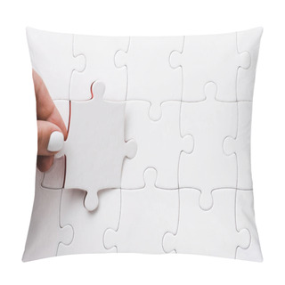 Personality  Top View Of Woman Holding White Jigsaw Near Connected Puzzle Pieces Pillow Covers