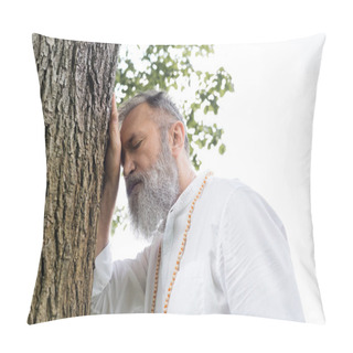 Personality  Low Angle View Of Senior Guru Man With Grey Beard Meditating Near Tree Trunk With Closed Eyes Pillow Covers