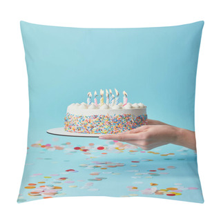 Personality  Cropped View Of Woman Holding Delicious Birthday Cake With Candles On Blue Background With Confetti Pillow Covers