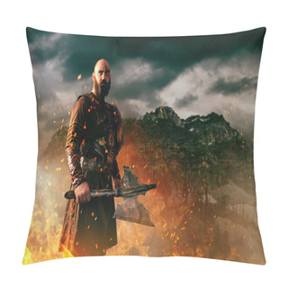 Personality  Angry Viking With Axe Dressed In Traditional Nordic Clothes Standing In Fire, Battle In Rocky Mountains. Scandinavian Ancient Warrior Pillow Covers