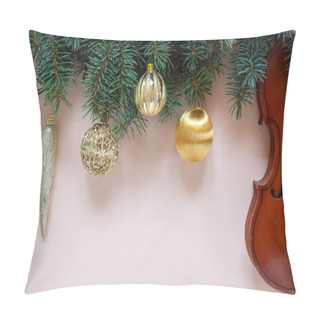 Personality  Old Violin And Fir-tree Branches With Christmas Decor. Christmas, New Year's Concept. Top View, Close-up On Pastel Color Background	 Pillow Covers