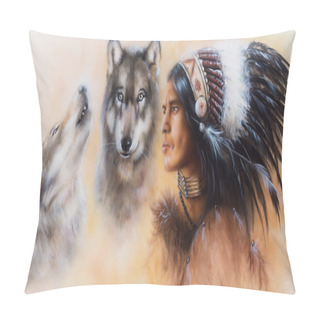 Personality  Painting Of An Young Indian Warrior Accompanied With Two Wolves Pillow Covers