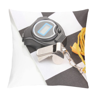 Personality  Checkered Finish Flag With Whistle And Stopwatch Isolated On White Pillow Covers