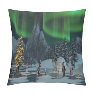 Personality  Penguins Under The Northern Lights At Christmas Time, 3d Render Pillow Covers