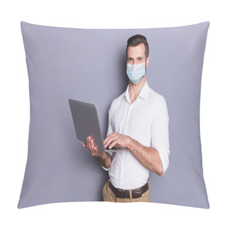 Personality  Portrait Of His He Attractive Healthy Guy Wearing Safety Gauze Mask Using Laptop Working Remotely Stop Influenza Mers Cov Pandemia Healthcare Stay Home Cozy Comfort Isolated Gray Color Background Pillow Covers