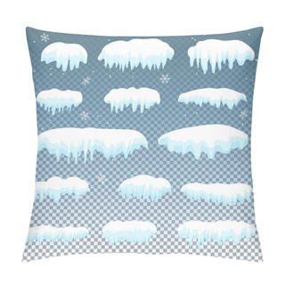 Personality  Snow Caps, Snowballs, Snowdrifts, Icy Icicles Set. Snow Cap Vector Collection. Winter Snowy Elements Blue Background, Transparent Effect. Cartoon Template. Snowfall And Snowflakes In Motion Vector Pillow Covers