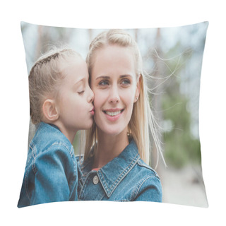 Personality  Little Adorable Daughter Kissing Her Blonde Mother  Pillow Covers