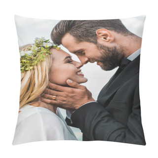 Personality  Portrait Of Happy Wedding Couple In Suit And White Dress Touching With Noses On Beach Pillow Covers