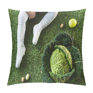 Personality  Cropped View Of Baby Sitting On Green Grass Near Easter Eggs And Savoy Cabbage Pillow Covers