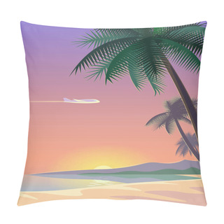 Personality  Airplane And Tropical Paradise Palm Tree Surfboards. Sunny Sand Coast Beach Sea Ocean Landscape.Vector Background Illustration For Text Pillow Covers