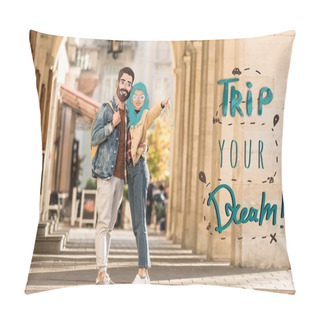 Personality  Couple Of Tourists With Illustrated Faces Hugging On Street And Pointing With Finger Away, Trip Your Dream Illustration Pillow Covers