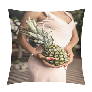 Personality  Cropped View Of Blurred Young African American Woman In Summer Dress Holding Fresh Pineapple And Standing In Blurred Orangery, Stylish Woman Wearing Summer Outfit Surrounded By Tropical Foliage Pillow Covers