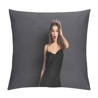 Personality  Amazed Young Woman In Black Slip Dress And Tiara With Diamonds On Grey Pillow Covers