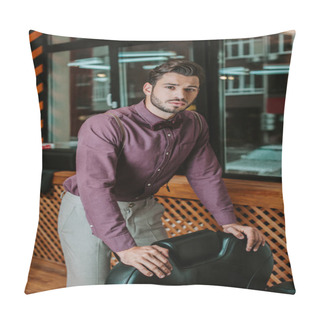 Personality  Handsome Bearded Barber Touching Leather Armchair In Barbershop  Pillow Covers