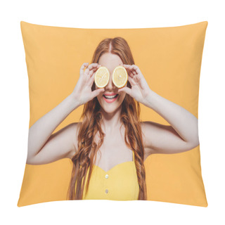 Personality  Redhead Girl Covering Face With Lemons And Smiling Isolated On Yellow Pillow Covers