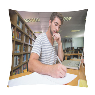 Personality  Student Studying In The Library With Laptop Pillow Covers