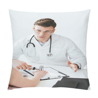 Personality  Selective Focus Of Handsome Dermatologist In Glasses Holding Dermatoscope While Looking At Patient  Pillow Covers