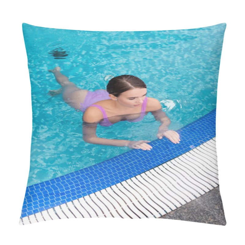 Personality  High Angle View Of Young Woman In Swimsuit Bathing In Outdoor Pool With Blue Water Pillow Covers