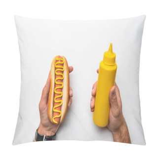 Personality  Cropped Shot Of Man Holding Tasty Hot Dog With Mustard On White Marble Surface Pillow Covers