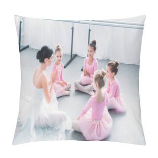 Personality  High Angle View Of Kids In Pink Tutu Skirts And Young Ballet Teacher Sitting Together In Ballet School Pillow Covers