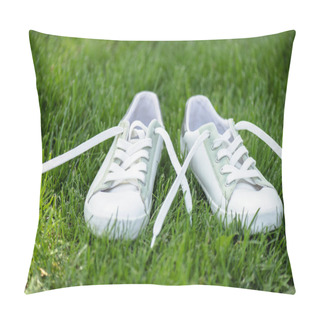 Personality  Close Up View Of White Stylish  Shoes On Green Grass Pillow Covers