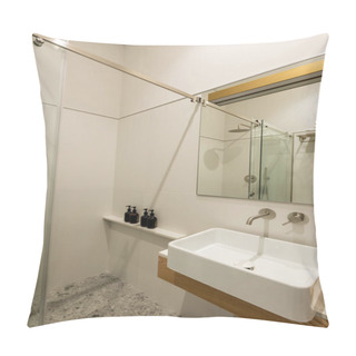 Personality  Interior Of Modern White Bathroom With Toiletry Near White Sink  Pillow Covers