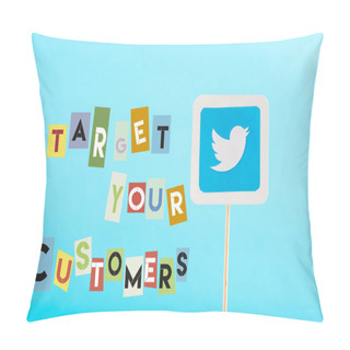 Personality  Card With Twitter Logo And Target Your Customers Lettering Isolated On Blue Pillow Covers