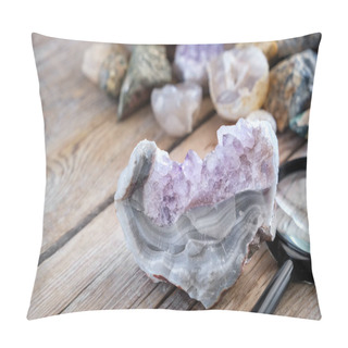 Personality  Mineral Stones Collection. Amethyst With Agate And Magnifying Glass In The Foreground. Pillow Covers