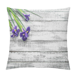 Personality  Top View Of Beautiful Iris Flowers On Grey Wooden Table Pillow Covers